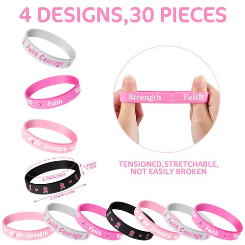 60 Pieces Breast Cancer Awareness Party Supplies, Breast Cancer Wristbands Pink Ribbon Bracelets And Plastic Button Badges For Strength Hope Faith Courage Survivor Party Supplies