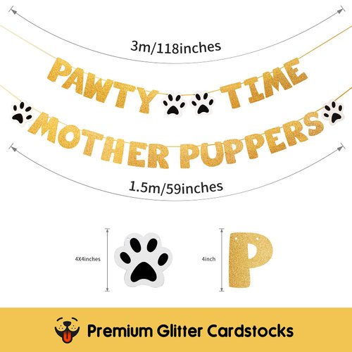Pre-Strung Let's Pawty Dog Birthday Party Supplies - Pawty Time Mother Puppers - Funny Gold Glitter Puppy Dog Birthday Banner For Party Decorations Girl Boy - Cute Puppy Pets Paw Pennant Sign Deco