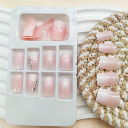 Short Press on Nails Square Acrylic Nails Press ons Cute Pink White Gradient Fake Nails with Rhinestones Designs Full Cover Glue on Nails Gloss Artificial Stick on Nails for Women 24 Pcs