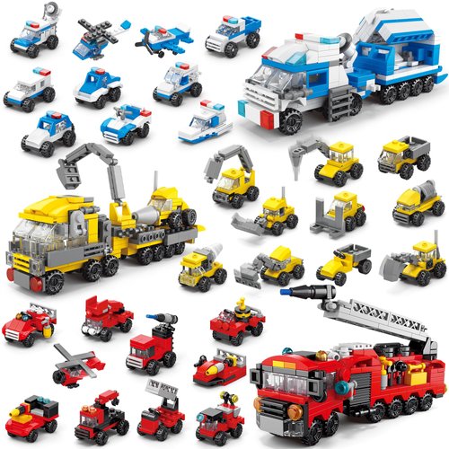 30PCS Party Favors for Kids Fire Truck Building Set - City Police Car Building Toys for Gift Bag Stuffer - Mini Block Construction Vehicle Classroom Prizes for Boys Toys 6-12