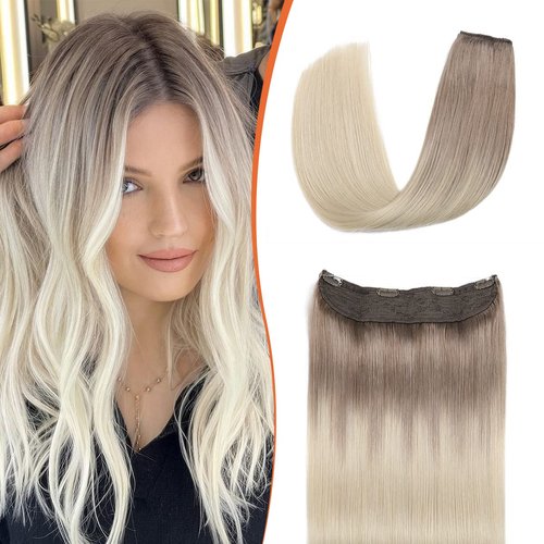 XDhair Wire Human Hair Extensions Ombre Ash Brown to Platinum Blonde Invisible Wire Hair Extensions Real Human Hair 80g Transparent Fishing Wire Hair Extensions #8/60 22Inch