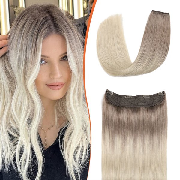 XDhair Wire Human Hair Extensions Ombre Ash Brown to Platinum Blonde Invisible Wire Hair Extensions Real Human Hair 80g Transparent Fishing Wire Hair Extensions #8/60 22Inch