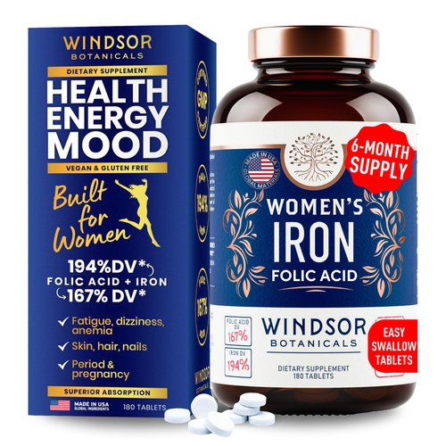 Iron Pills for Women - Iron Supplement for Women with Folic Acid - 6 Month Supply - Anemia, Period, Pregnancy Support Iron Supplements - Ferrous Sulfate, Folate Vitamin B9-180 Vegan Iron Tablets