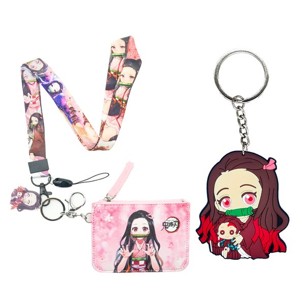 Demon Anime Nezuko Cute Badge Wallet with Lanyard and Keychain, ID Card Holder Purse Pouch with Lanyard Card Case Neck Pouch Wallet Durable Card Holder with Zippers for Students Teens Girls Boys