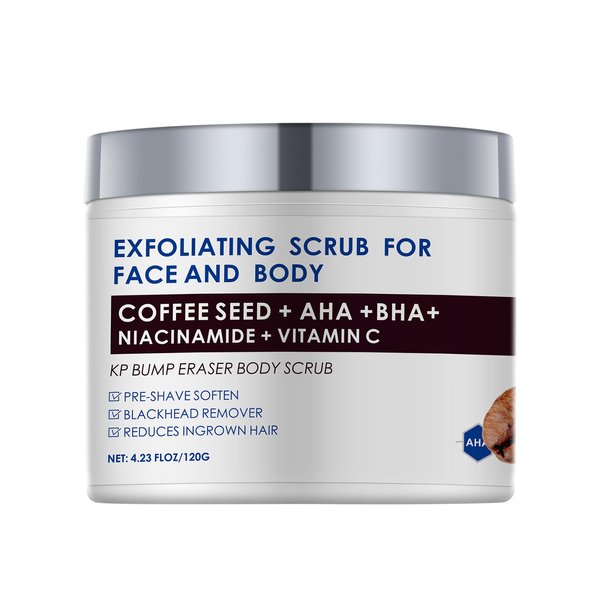 Face Scrub for Men and Women, KP Bump Eraser Body Scrub Ingrown Hair Keratosis Pilaris Treatment Coffee Facial Scrub AHA BHA Exfoliant for Face Exfoliating Face Exfoliator for Pre-shave Soften 4.23OZ