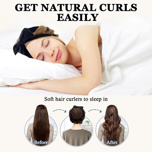 Gwabee No Heat Curling Headband, 70" Soft Hair Curlers to Sleep In Overnight Curls Headband, No Heat Hair Curler Ribbon Curl Wrap for Long Hair Rollers, 9 PCS Curling Rods Set with Yoga Strap -Black