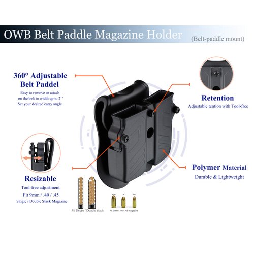 Double Magazine Holder, 9mm 10mm .40 .45 Single & Double Stack Magazine Pouch, Universal Magazine Holster for Glock/Sig sauer/S&W/Beretta/Taurus/H&K/Springfield/CZ/Ruger/1911 Mags