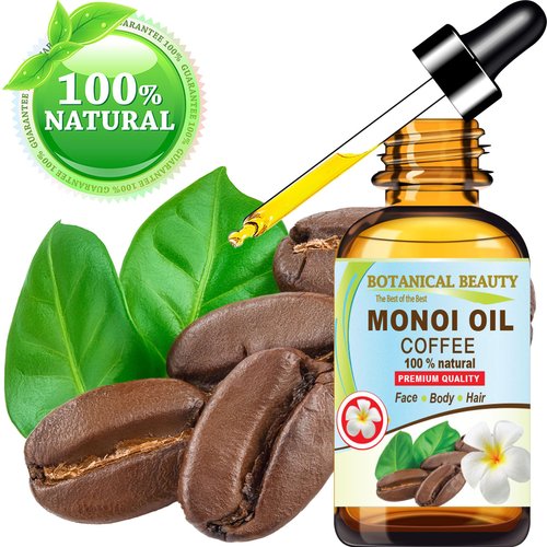 Botanical Beauty MONOI OIL COFFEE. Frangipani flowers in Coconut Oil with Coffee aroma. 100% Natural 1 Fl.oz - 30 ml Pure for FACE, SKIN, BODY, HAIR, NAILS. Luxury Beauty Oil
