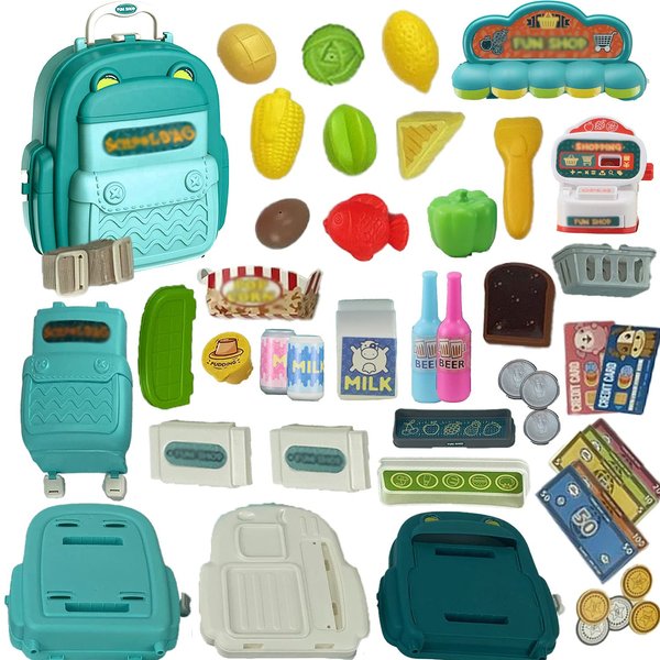 Shape28 Pretend Play Set Play Toy Store with Pretend Food Cash Register for Kids Scanner Play Money Supermarket for Kids 78 PCS 2in1 Easy to Carry On Backpack