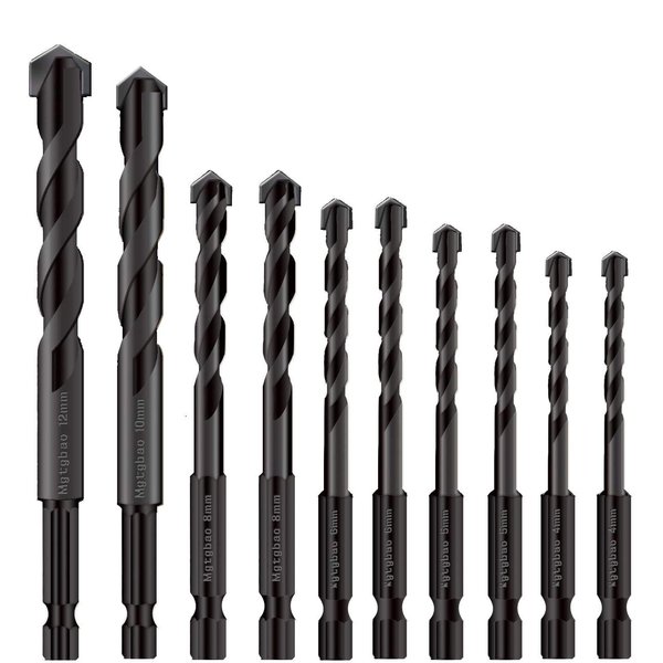 10pcs Black Concrete Drill Bit Set, Mgtgbao Tile Drill Bits Carbide Tip for Glass, Brick, Tile, Concrete, Plastic,Ceramic and Wood with Size 4mm,5mm,6mm,8mm,8mm,10mm,12mm
