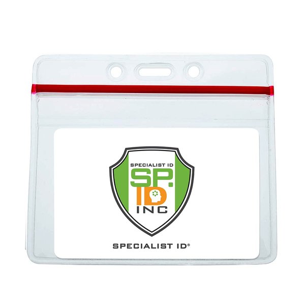 5 Pack - Heavy Duty Badge Holder Horizontal with Resealable Zip Top - Clear Plastic Waterproof i’d Card Protector - Top Load Pouch w/Lock Zipper Closure for Office, Travel, & Nurses by Specialist ID