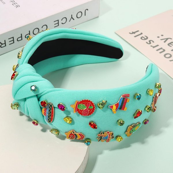 Mexican Headband for Women Cinco De Mayo Headband Beaded Fiesta Knotted Headband Embellished Rhinestone Crystal Wide Top Knot Headband Mexican Holiday Hair Accessory Party Favors Gifts (Green)