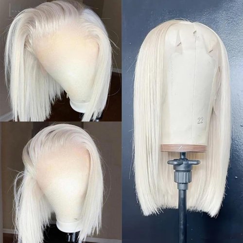 RHAH 60# Platinum Blonde Human Hair Wigs for White and Black Women Glueless Pre plucked Bleached Knots Lace Front 14 Inch Ash Blonde Bob Wigs Human Hair with Baby Hair Silky Straight Virgin Hair