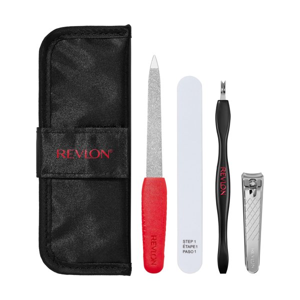 Revlon Manicure Essentials Kit with Travel Case, Manicure Set for Nail Care with Dual Ended Cuticle Trimmer, Curved Blade Nail Clipper, Compact Emeryl File and Nail Buffer, 1 count