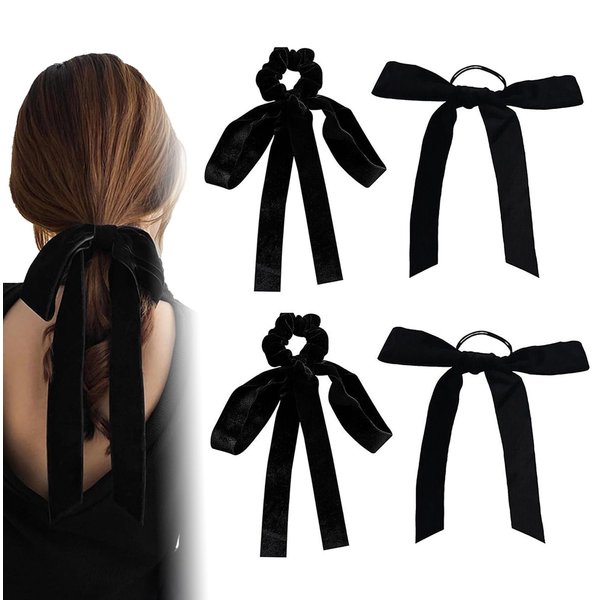 4Pcs Velvet Bow Hair Ties, BetterJonny Long Velvet Elastic Bow Tie Ribbon Elegant Hair Rope Hair Styling Accessories Twisted Criss Cross Knotted Hairband Long Tail Bow Hair Scrunchies for Women Girls