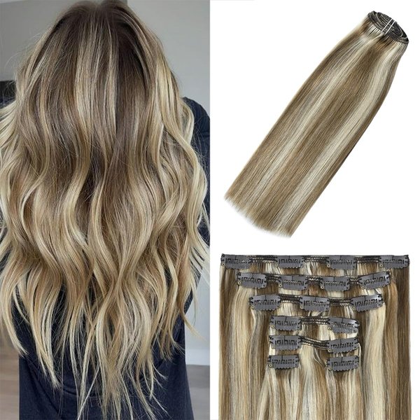 WindTouch Clip In Hair Extensions Real Human Hair Balayage Ash Blonde to Platinum Blonde Hair Clip Ins Highlights For Blonde Thick Full End(120g 18Inch 7PCS)