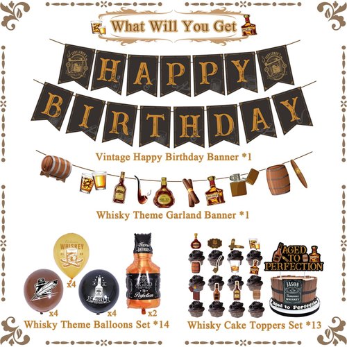 Chilfamy Whiskey Birthday Decorations for Men, Aged to Perfection Party Supplies with Happy Birthday Banner, Whisky Garland Banner, Cake Toppers, Foil Balloons for 30th 40th 50th Vintage Party Events