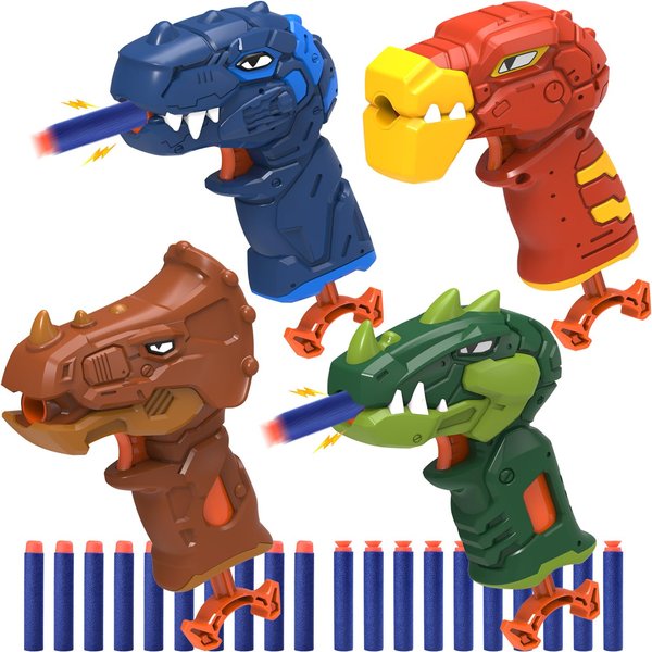 4-Pack Mini Dinosaur Toy Guns Set for Kids Nerf Gun Party Favors, Family Small Dino Guns Bulk for Toddlers Age 3-5 with 20 Soft Foam Darts, Ideal Boys Gift Birthday Christmas Stocking Stuffers