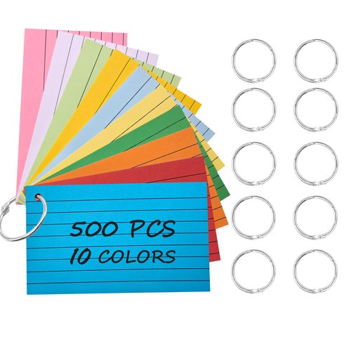 Urmspst 500Pcs Index Cards with 10 Rings, 3 x 5 Inches Ruled Index Cards, Colored Index Flash Cards, Lined on Both Side Colored Notecards for Study, Learning, Memory, Recipe (10 Colors)