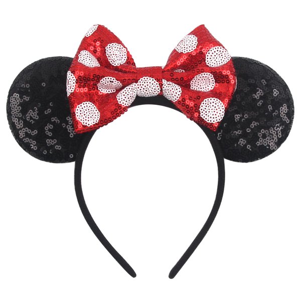 zhezesmila Mouse Ears Headbands for Girls & Women, Sequin Polka Dot Bow Mouse Ears for Birthday Party Princess, Classic Park Ears for Adult（Size Free）
