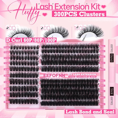 Eefofnn Lash Clusters Kit Fluffy Lash Extension Kit 300 pcs Eyelash Clusters Thick 60D+80D+100D Cluster Eyelash Extensions with Bond and Seal Glue Mixed Styles D Curl Individual Lashes Kit