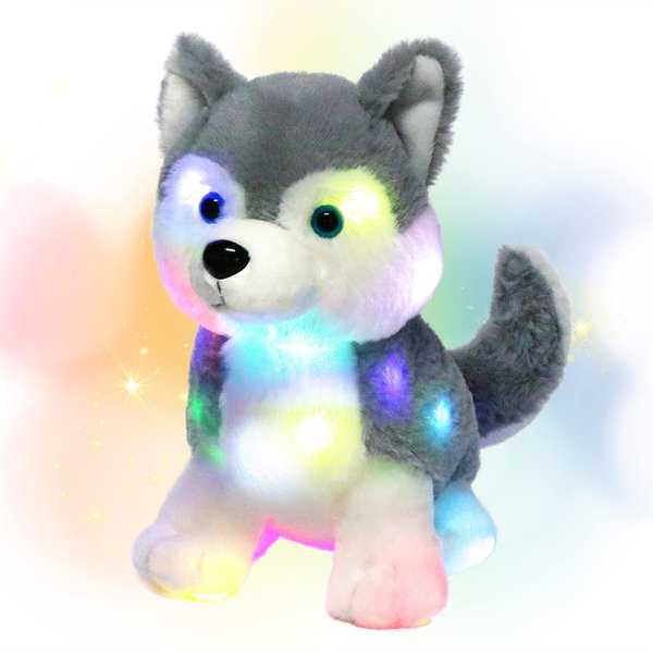 Hopearl LED Plush Husky Lighting Up Stuffed Animal Dog Floppy Puppy Night Lights Glow in The Dark Birthday Festival for Kids Toddlers Boys Girls, Gray, 12''