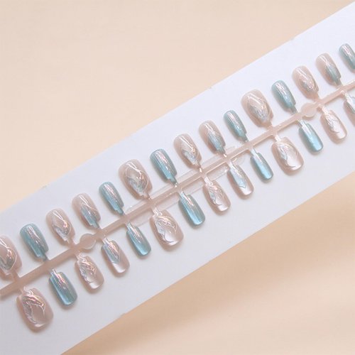 Blue Mermaids Cat Eye Press on Nails with 3D Design, Cat Eye Manicure Art Acrylic Short Trapezoid Fake Nails Stick on Nails Glossy Stereoscopic Cat Eye False Nails Gel Glue on Nails for Women 30Pcs