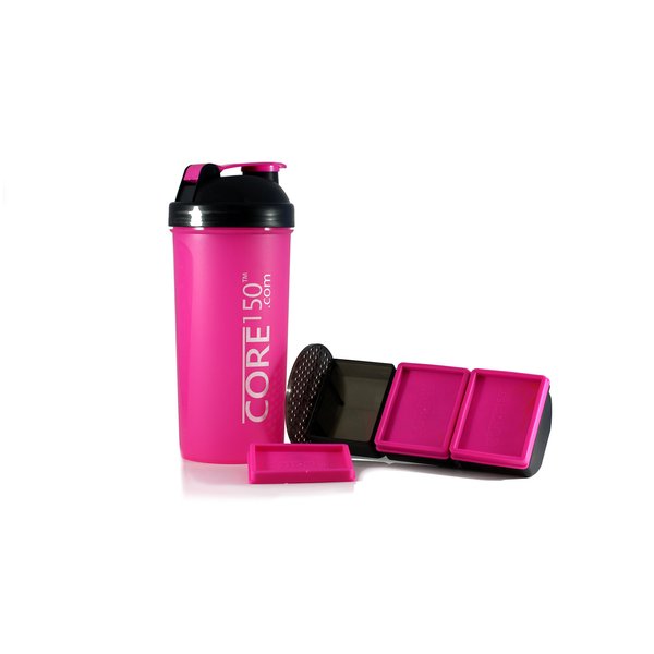 Core150 Attitude Shaker - Pink - 35oz Protein Shaker Bottle. Contains easy stack removable storage with 3 compartments
