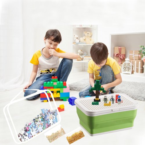 Storage Organizer for Lego Box Table Toys Containers Storage with Building Baseplate Lid Toy Bins for Kids Organizer Compressible Brick Box for Lego with 1 Toy Storage Bag,5 Small Compartments Bags