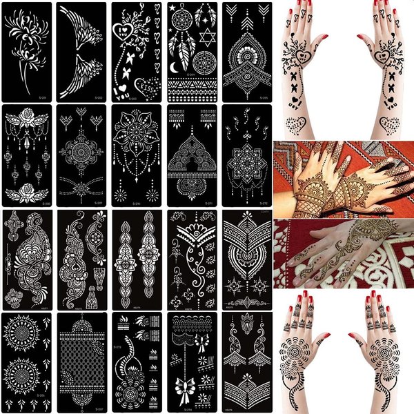 Xmasir 20 Sheets Henna Tattoo Stencil Kit, 3.74" x 7.28" Temporary Tattoo Templates Indian Arabian Self Adhesive Tattoo Sticker for Face Body Art Paint