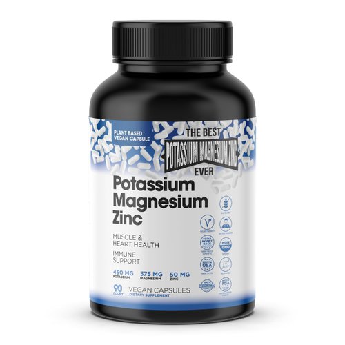 Magnesium Potassium Supplements w/Zinc - 90 Capsules - Magnesium Potassium Zinc for Vascular Health – High Absorption Vegan Potassium Magnesium Supplement for Leg Cramps & Sleep