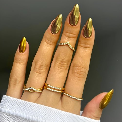 Gold Press on Nails Medium Almond Fake Nail Press ons Chrome Gold False Nails Acrylic Nails Shiny Glossy Full Cover Glue on Nails Stick on Nails for Women Girls 24 Pcs