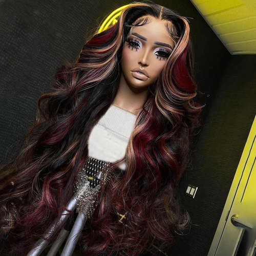 abgese Black Red Blonde Highlight Wig Human Hair 13X4 Transparent Lace Front Human Hair Wigs Pre Plucked with Baby Hair 180% Density Blonde Red Highlights Wig Body Wave Lace Front Wig 22 Inch
