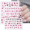 6 Sheets Breast Cancer Nail Stickers Pink Ribbon 3D Self-Adhesive Nail Decals Breast Cancer Awareness Pink Ribbon Nail Stickers Pink Heart Ribbon Nail Decals for Women Girls DIY Manicure Decoration