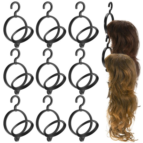 Menkxi 10 Pcs Hanging Wig Stand Wig Hanger Foldable Wig Holder Portable Collapsible Wig Rack for Multiple Wigs Hats Storage Display Styling Travel Hair Replacement, Keep Wigs in Shape, Black