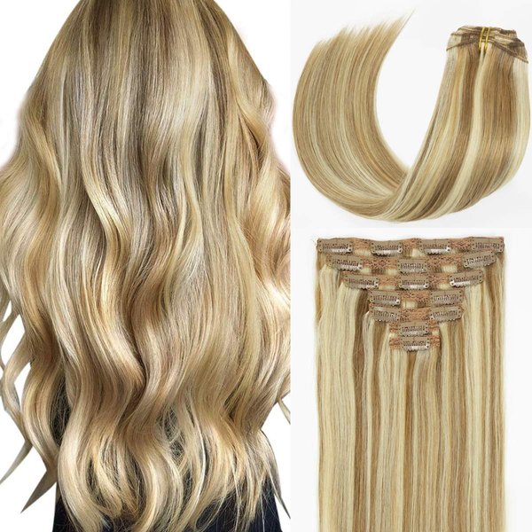 Caliee 120g Clip in Hair Extensions Human Hair for Women Double Weft Lace Clip in Golden Brown #10 Mixed Bleach Blonde #613 Color Real Hair Clip in Hair Extensions 7pieces 14inch