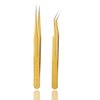 Tvoip 2 Pcs Gold Stainless Steel Tweezers for Eyelash Extensions, Straight and Curved Tip Tweezers Nippers, False Lash Application Tools