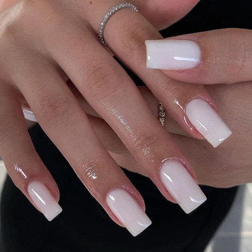 KQueenest Medium Long Press On Nails Coffin Nails Press Ons,Gloss All White Colored Long Fake Nails For Women Girls,Solid Thick Gel Square Tip Nails Acrylic False Nails Set,24 Pcs