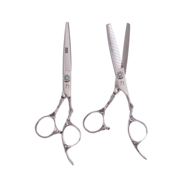 ShearsDirect 6.0 Inch Cutting and 30 Tooth Thinning Shear with Engraved Rose Finger Rest, 4.6 Ounce