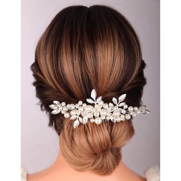 Teyglen Pearl Bride Wedding Hair Comb Silver Leaf Headpiece Bridal Crystal Rhinestone Hair Comb Hair Piece Elegant Hair Accessories for Women Bride Girls