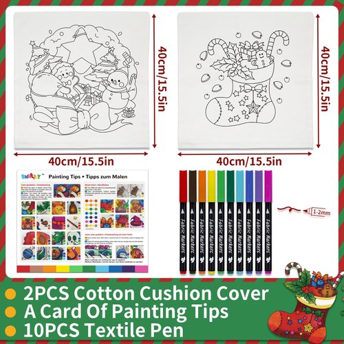 SNEILJOY Throw Pillow Covers for Kids Painting Set, Arts and Crafts for Kids Ages 6-12, Two Cushion Cover (15.5×15.5 in) with Ten Fabric Markers, Art Supplies, Party Favors for Kids 8-12