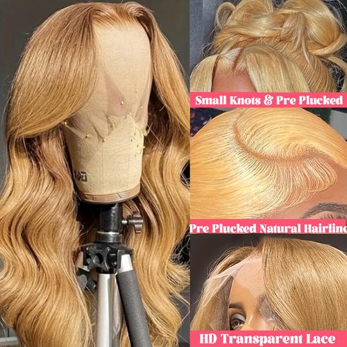 Smavida 30Inch Honey Blonde HD Lace Front Wig Human Hair,13x4 Body Wave Blonde Wigs Human Hair 27# Colored Blonde Hd Transparent Lace Frotal Human Hair Wigs Pre Plucked with Baby Hair 180% Density
