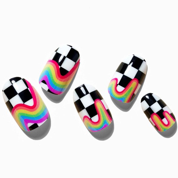 Rainbow Press on Nails Short Almond GLAMERMAID, Acrylic Oval Fake Nails with Checkerboard Rainbow Design Stick Glue on Nails for Women Reusable False Nail Tips with 48Pcs Adhesive Tabs Nail File