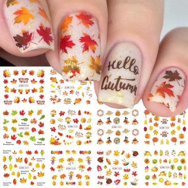 Fall Nail Art Stickers - 12pcs Autumn Leaves Nail Stickers 3D Self-Adhesive Leaf Nail Decals Fall Maple Water Transfer Stickers with Turkey Pumpkins Design Fall Nail Art Supplies