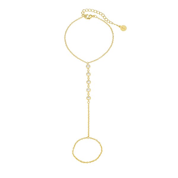 CZ Diamond Ring Bracelet Hand Chain Gold - 14k Gold Finger Ring Bracelet - Ring with Bracelet Attached - Non-Tarnish Hand Bracelets for Women - 6" to 8" length