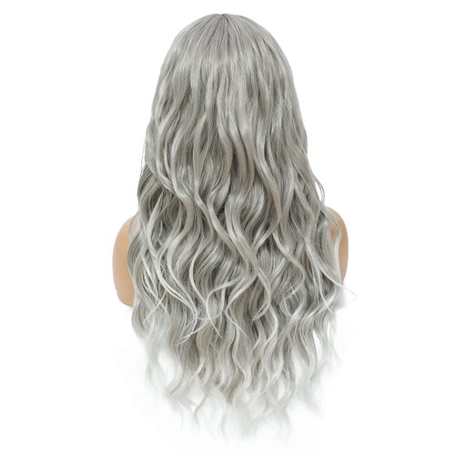 SWACC Long Curly Wavy Wig with Bangs Synthetic Hair Wig for Women with Wig Cap (Grey Silver Ombre)