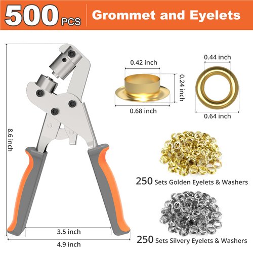 Grommet Tool Kit - 3/8 Inch Grommet Kit Handheld Eyelet Pliers Set, Brass Grommet Press Kits Save Effort Hole Punch Plier with 500pcs Eyelets Grommets with Tool for Tarps Leather Paper Flag