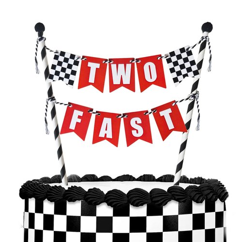 Two Fast Cake Topper, Race Car 2nd Cake Decoration, 2 Years Old Red Black and White Racing Birthday Cake Decor, Happy 2s Checkered Flag Themed Birthday Party Supplies for Kids Boy Girl