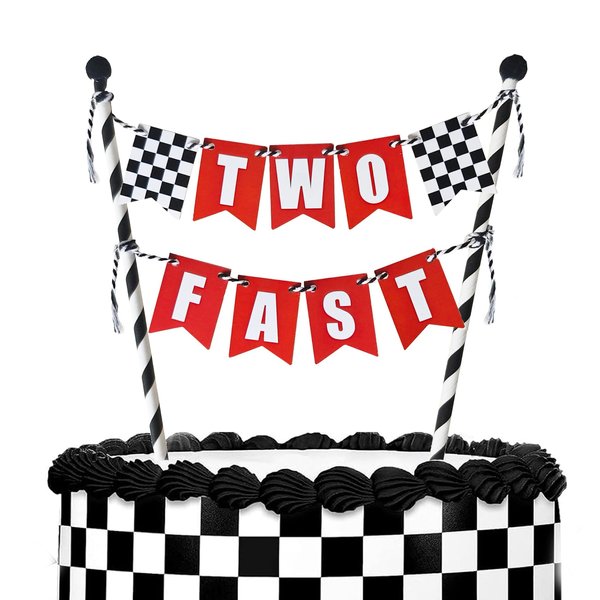 Two Fast Cake Topper, Race Car 2nd Cake Decoration, 2 Years Old Red Black and White Racing Birthday Cake Decor, Happy 2s Checkered Flag Themed Birthday Party Supplies for Kids Boy Girl