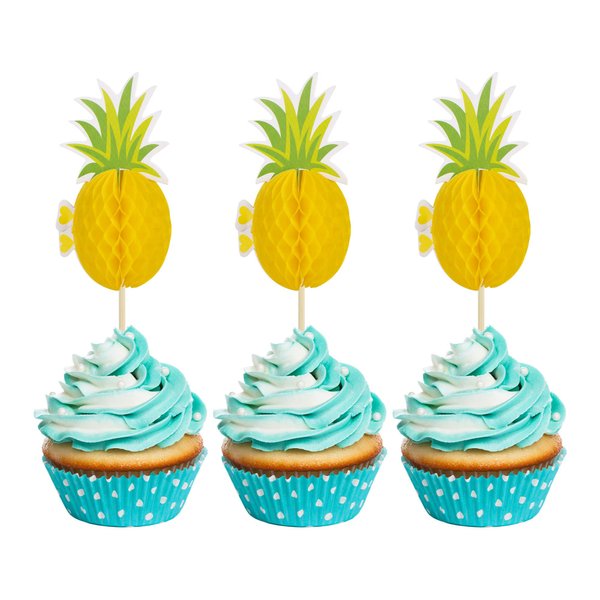 24Pcs Luau 3D Pineapple Cupcake Toppers Tropical Pineapple Leaf Aloha Cupcake Picks for Summer Hawaiian Luau Tropical Theme Baby Shower Birthday Wedding Party Cake Decorations Supplies